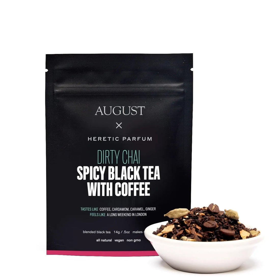 Four cups of spicy black Dirty Chai tea with coffee by August Uncommon Tea, showcasing the rich, dark beverage in clear glass cups.