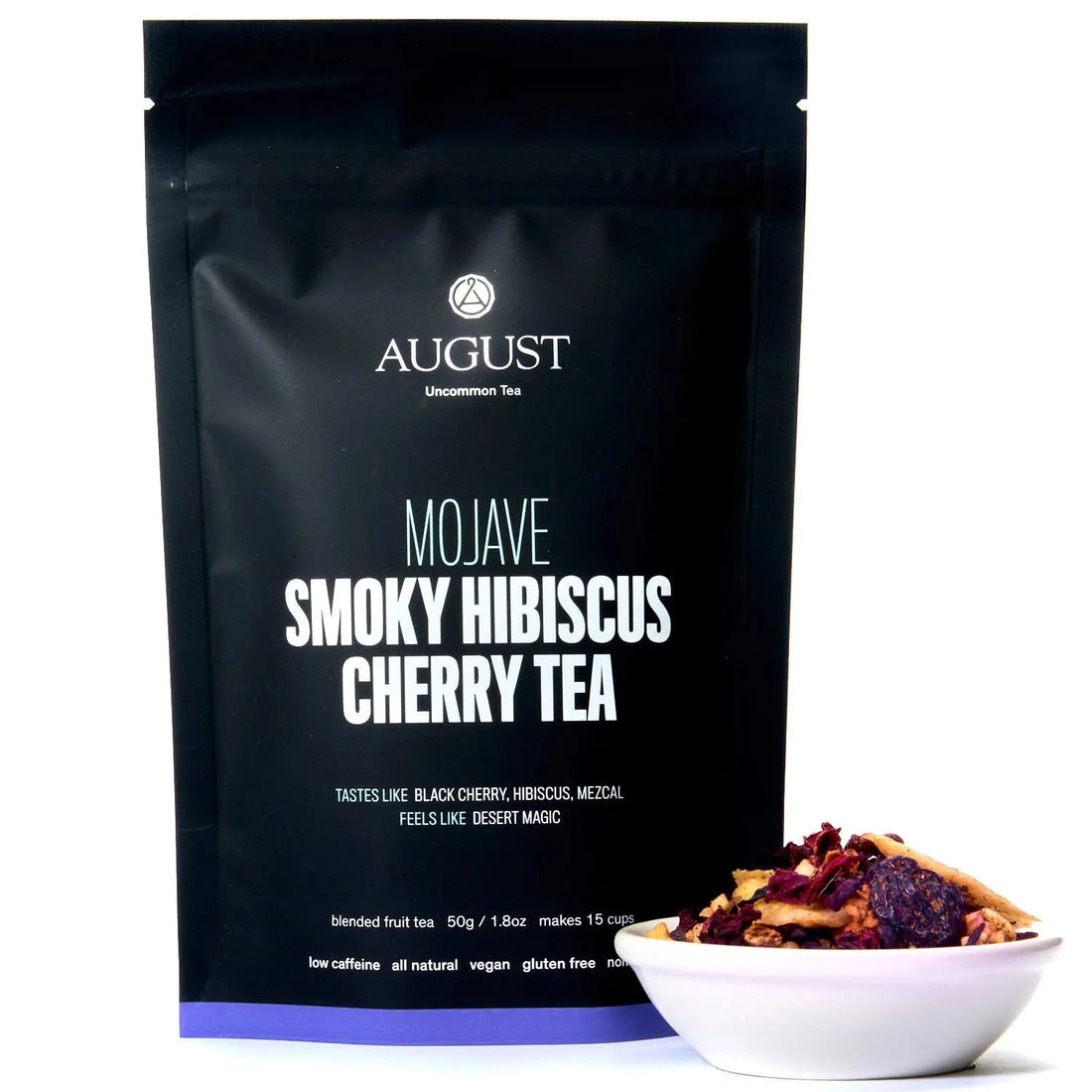 Mojave Smoky Hibiscus Cherry Tea by August Uncommon Tea in a 15-cup herbal tea bag, featuring vibrant hibiscus and cherry flavors.