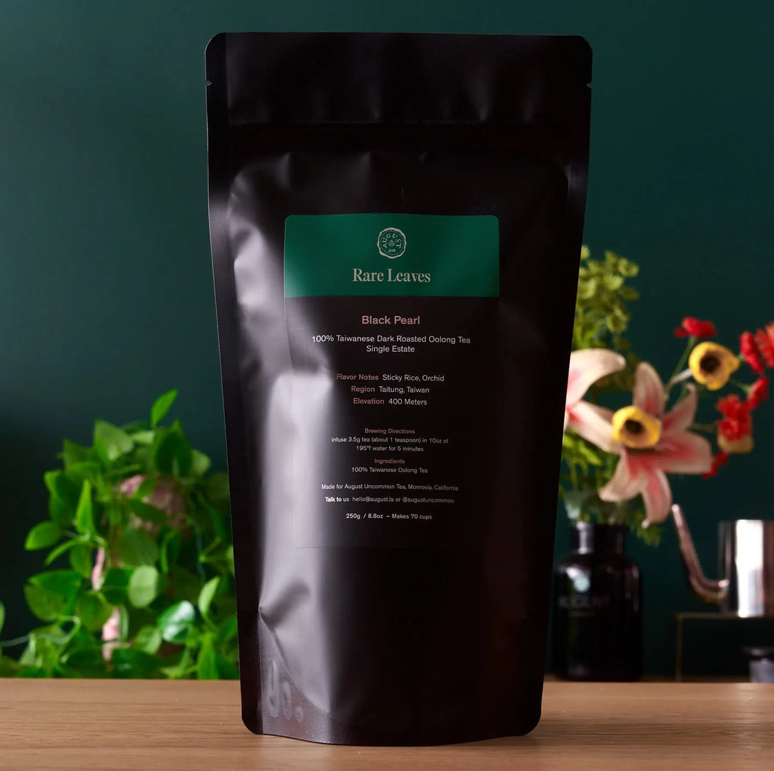 Single estate Rare Leaves Black Pearl Taiwanese dark roasted oolong tea in a 70-cup bag from August Uncommon Tea.