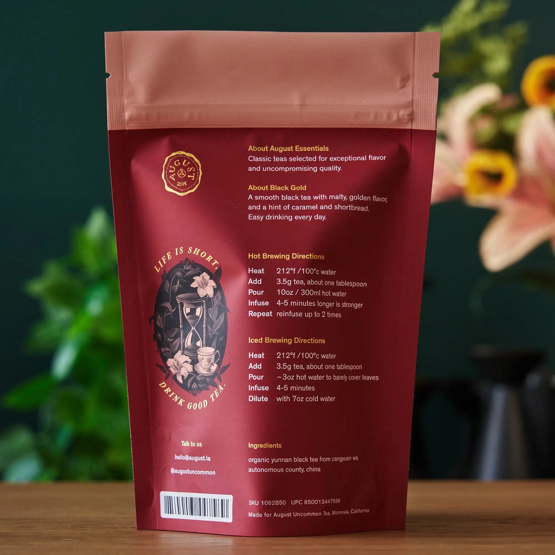 August Uncommon Tea Essentials Black Gold black tea in a 15-cup bag, rich and aromatic black tea beverage.