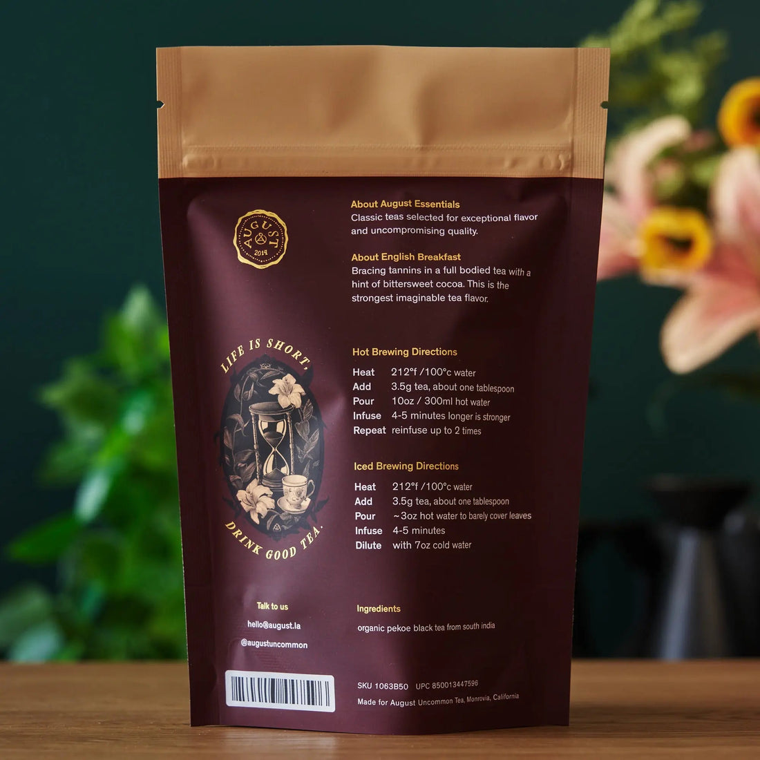 Bag of August Uncommon Tea Essentials English Breakfast Black Tea in a 15-cup pack, perfect for a rich, flavorful brew.