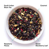 Dried Razzmatazz raspberry burnt sugar black tea leaves from August Uncommon Tea, showcasing dark leaves with hints of flavor.