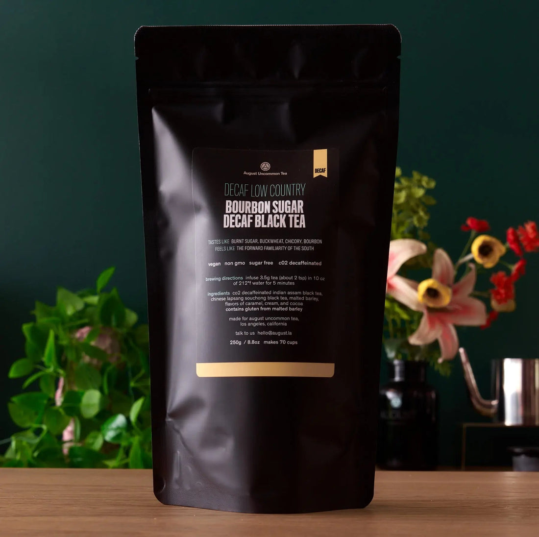Decaf Low Country Bourbon Sugar Black Tea bag from August Uncommon Tea, featuring rich black tea with bourbon and sweet sugar notes.