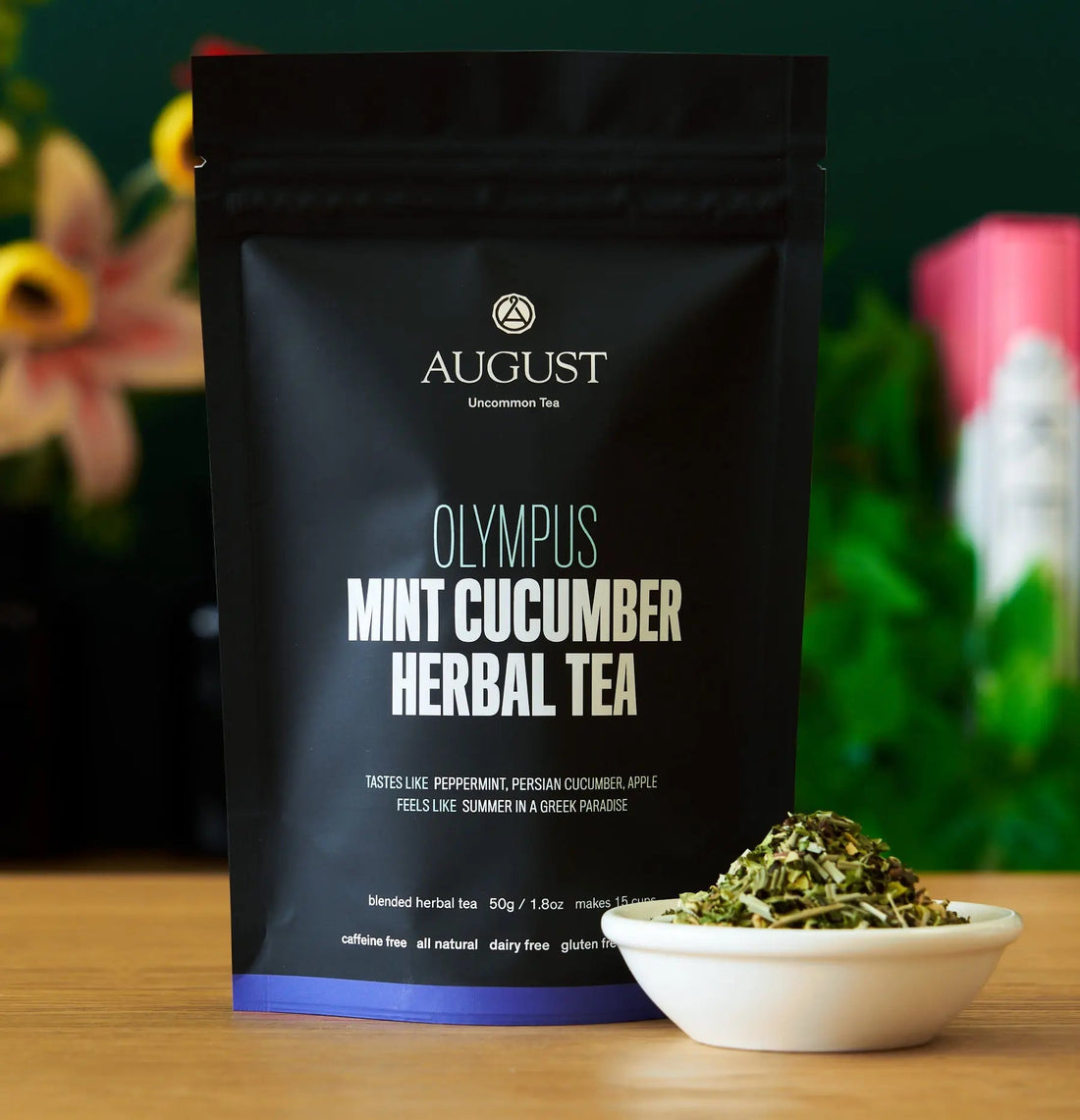 Olympus Mint Cucumber Herbal Tea by August Uncommon Tea in a 15-cup bag, caffeine-free herbal tea with fresh mint and cucumber flavors