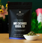 Olympus Mint Cucumber Herbal Tea by August Uncommon Tea in a 15-cup bag, caffeine-free herbal tea with fresh mint and cucumber flavors