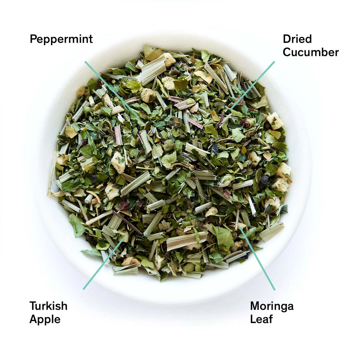Fresh mint and cucumber herbal tea leaves from Olympus by August Uncommon Tea, caffeine-free beverage.