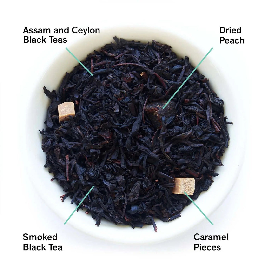 Dried peach bourbon black tea leaves from August Uncommon Tea, showcasing dark and aromatic black tea leaves with hints of peach.