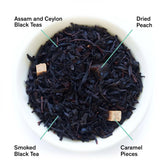 Dried peach bourbon black tea leaves from August Uncommon Tea, showcasing dark and aromatic black tea leaves with hints of peach.