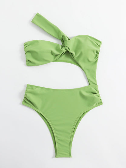 Solid Color One Piece Swimsuit Foreign Single Women Swimsuit Solid Color Diagonal Shoulder Hollow Out Cutout Siamese Bikini