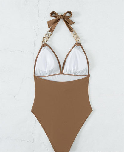 Swimsuit Women Solid Color Chain Shoulder Strap Retro Swimsuit One Piece Swimsuit