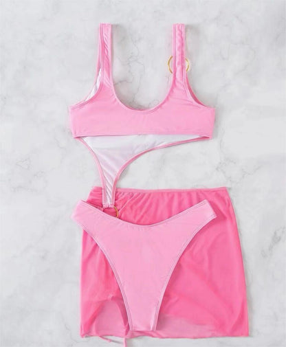 Solid Color One Piece Two Piece Suit Bikini Sexy Cutout Mesh Drawstring Swimsuit