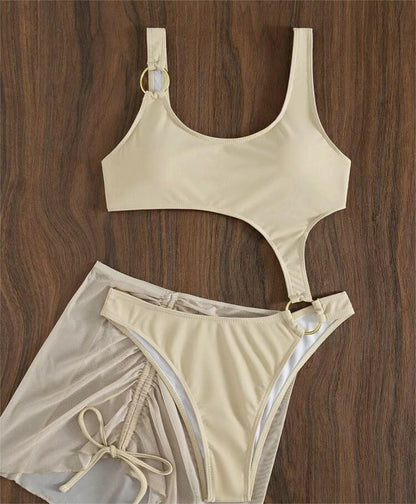 Solid Color One Piece Two Piece Suit Bikini Sexy Cutout Mesh Drawstring Swimsuit