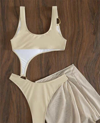 Solid Color One Piece Two Piece Suit Bikini Sexy Cutout Mesh Drawstring Swimsuit