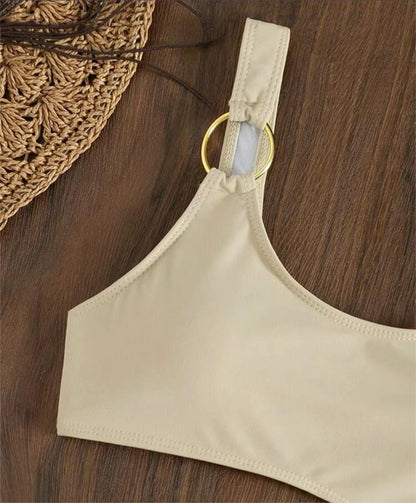 Solid Color One Piece Two Piece Suit Bikini Sexy Cutout Mesh Drawstring Swimsuit
