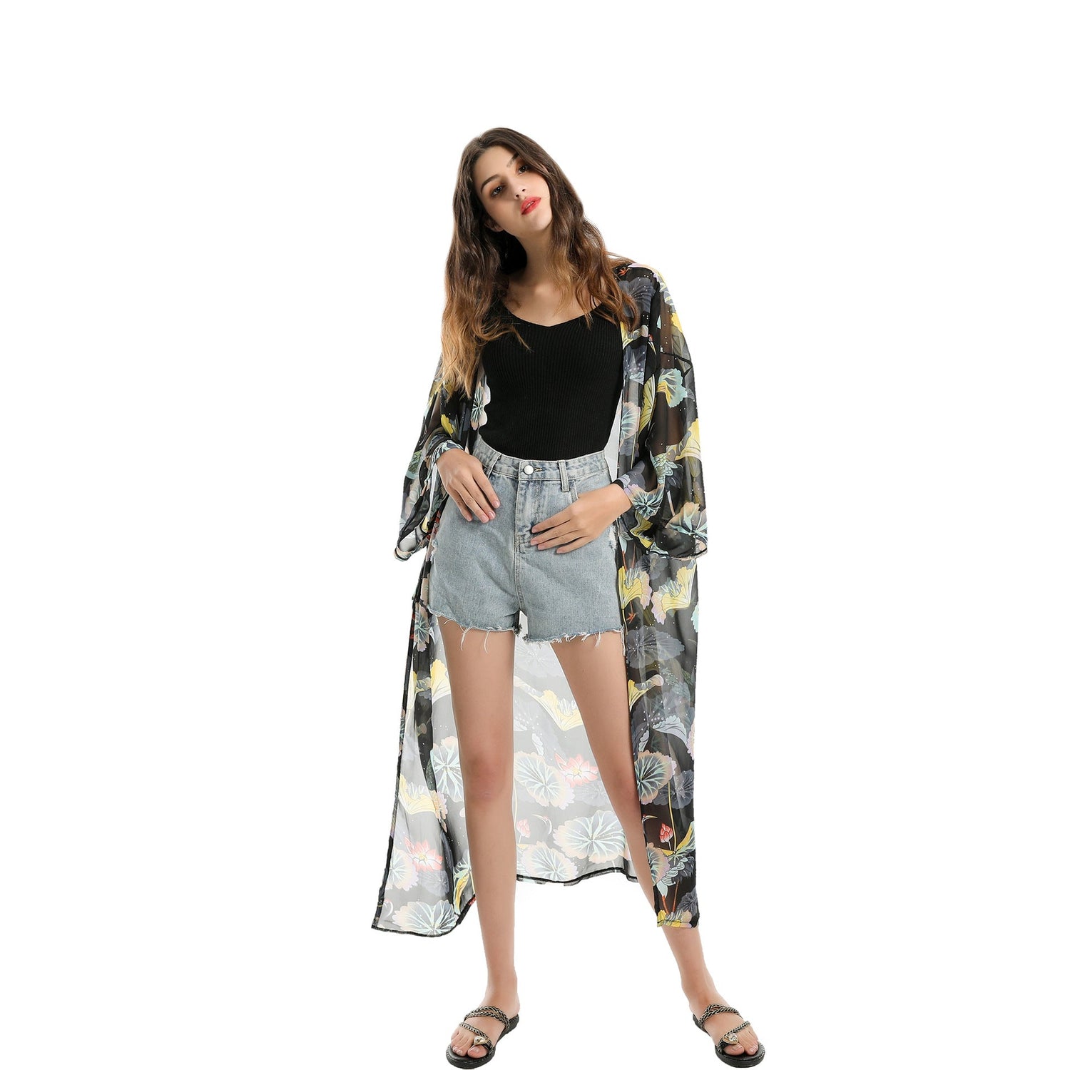 Spring, Summer, Autumn Classical Elegant Floral Lotus Leaf Travel Sun Protective Blouse Swimwear Cover up