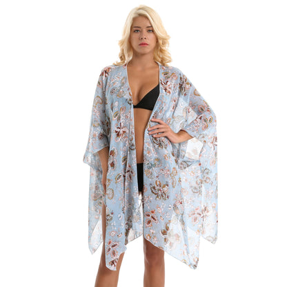 Retro Ethnic Print Elegant Socialite Beach Sun Protection Blouse Swimwear Cover up
