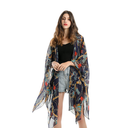 Summer Trendy Geometric Abstract Printed Chiffon Swimsuit Blouse Sunscreen Light Bikini Cardigan