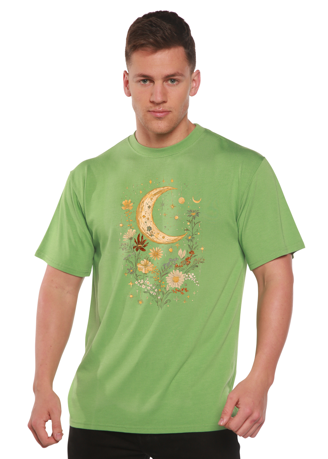 Mens Spun Bamboo celestial moon and boho flowers graphic T-shirt with vintage design, bamboo and cotton fabric, unisex style.