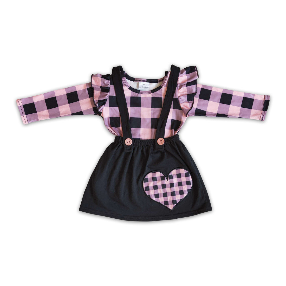 Heart embroidery plaid long sleeve shirt suspender skirt girls valentine&