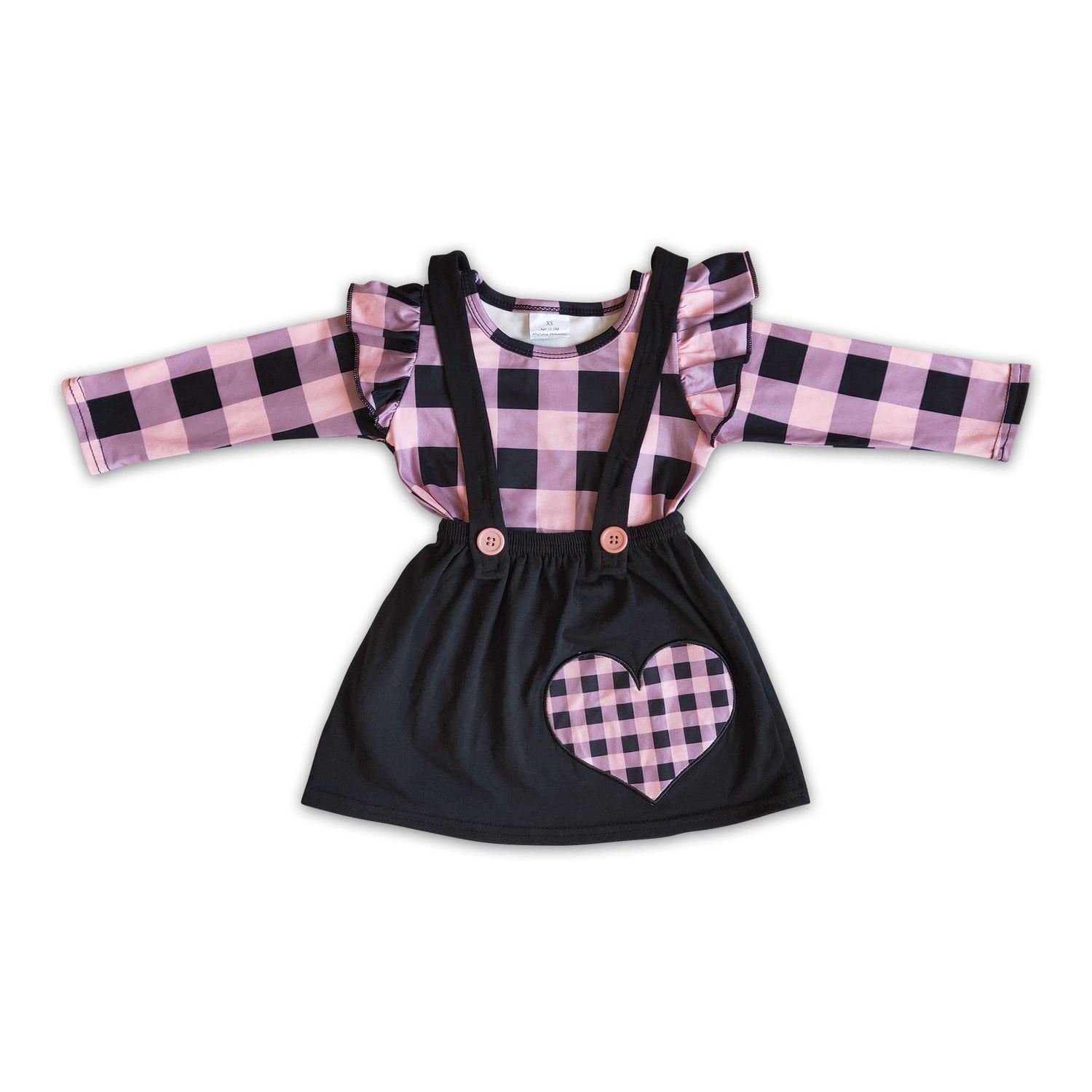 Heart embroidery plaid long sleeve shirt suspender skirt girls valentine&