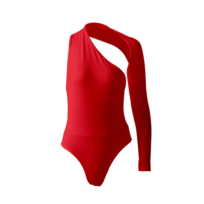 Autumn Winter Sexy One-Shoulder Tight Bodysuit Street Milk Silk Bottoming Top Women