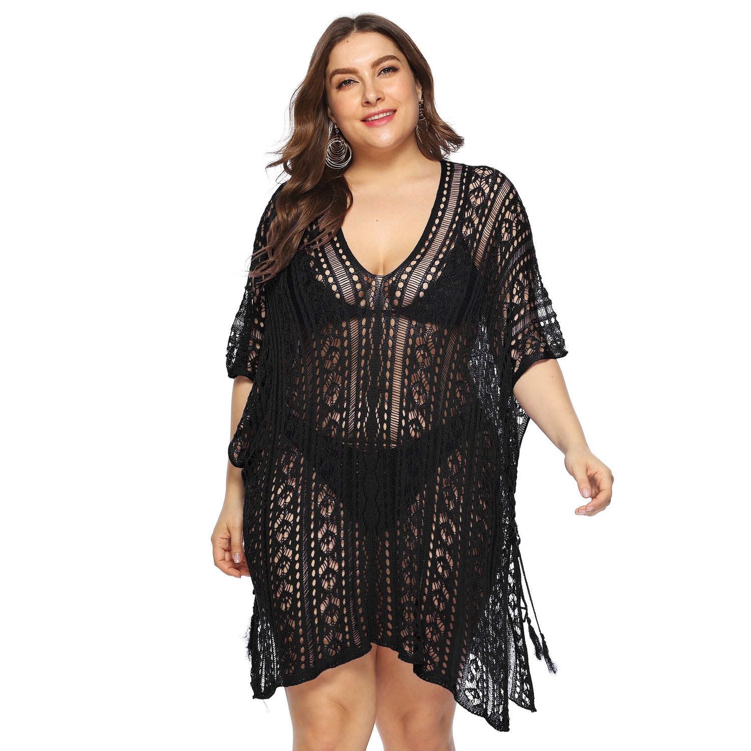 Women Clothing Sexy See through Hollow Out Cutout Batwing Sleeve V neck Irregular Asymmetric Slit Beach Cover up Dress Women