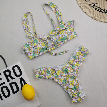 New Multi Color Printed Bikini Fresh Swimsuit Women Lace Split Swimsuit