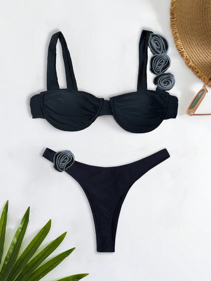 Bikinx Solid Color Steel Ring &amp; 3d Flower Design Sexy Two piece Swimsuit