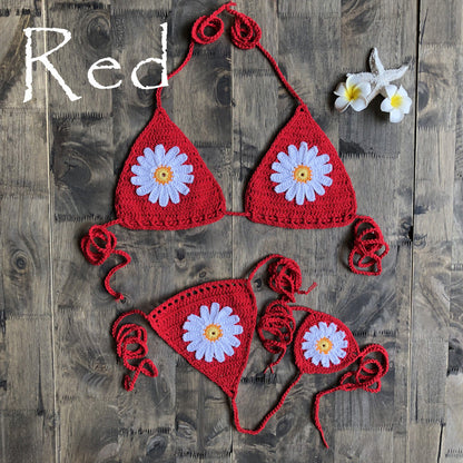 Vacation Split Swimsuit Hand-Woven Daisy Pattern Beach Bikini