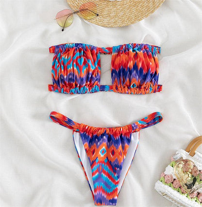 Bikini Swimsuit Sexy Tube Top Printed Three Point Bikini Swimsuit