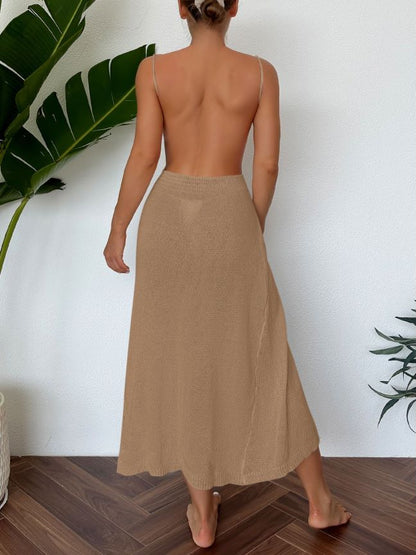 Women Knitted Halterneck with Suspenders Sexy Cutout Side High Slit Tassel Dress Beach Maxi Dress Crochet hook