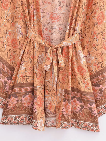 Rayon Printed Cardigan Loose Sleeves Short Lace Up Kimono