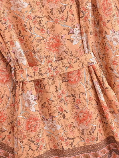Rayon Printed Cardigan Loose Sleeves Short Lace Up Kimono