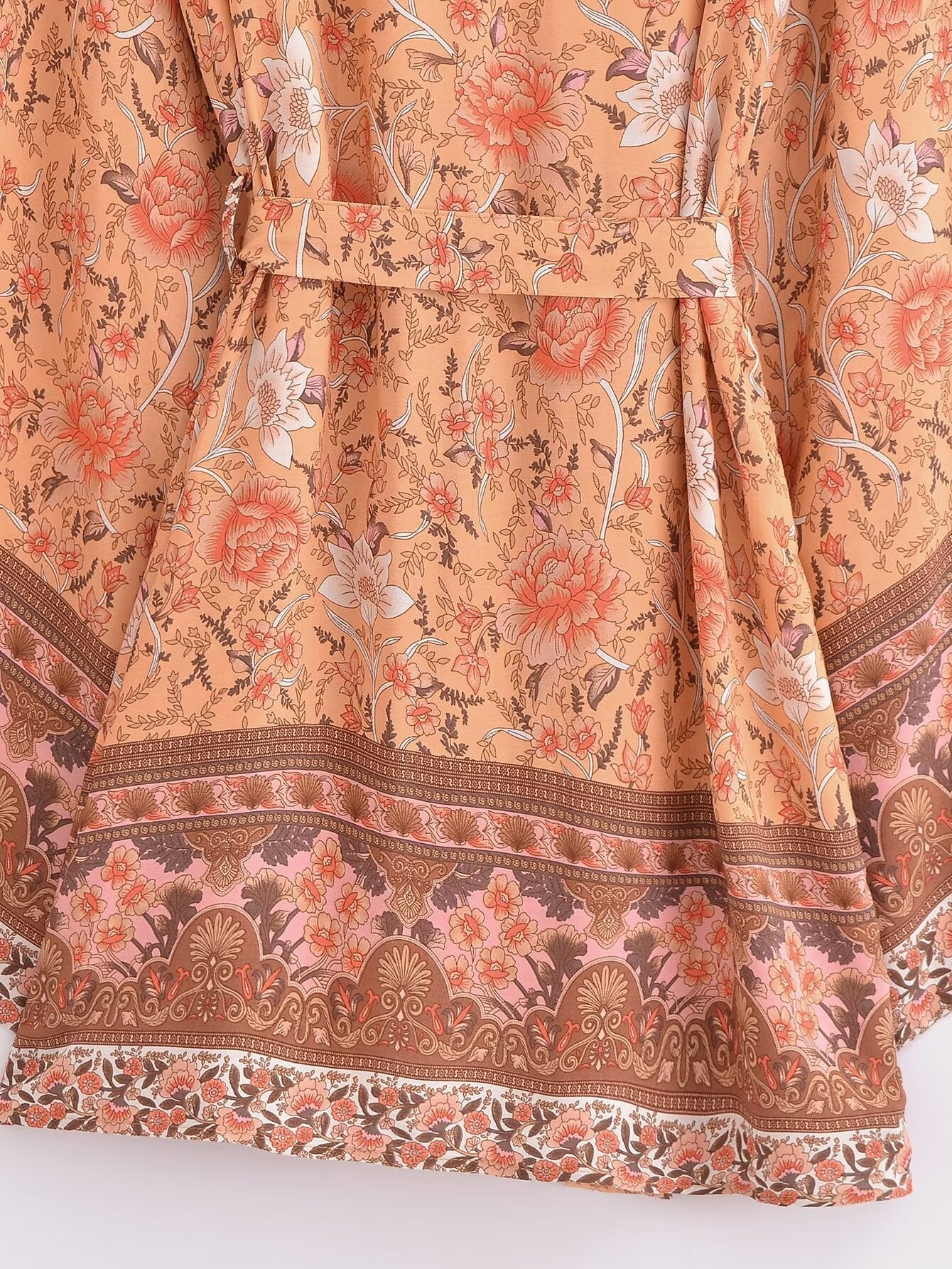 Rayon Printed Cardigan Loose Sleeves Short Lace Up Kimono