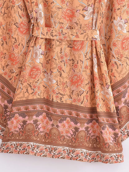 Rayon Printed Cardigan Loose Sleeves Short Lace Up Kimono