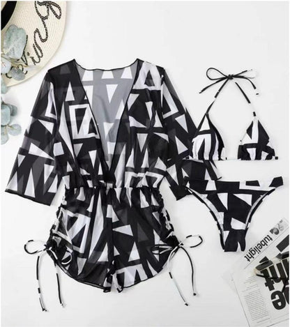 Three Piece Bikini Leaves Printed Waist-Controlled Lace Up Long Sleeve Beach Anti Swimsuit