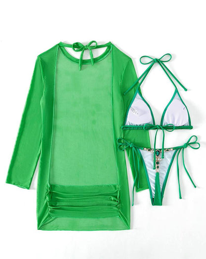 Bikini Three Piece Swimsuit Set Solid Color Sexy Metal Chain Bikini Swimsuit