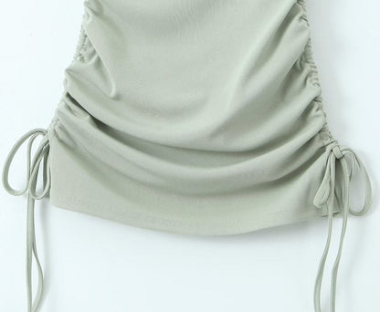 Summer Shoulder Asymmetric Sleeves Side Drawstring Bag Hip Dress Short Dress