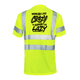 Reflective safety T-shirt by Armed American Supply featuring high-visibility reflective strips on a black fabric background.