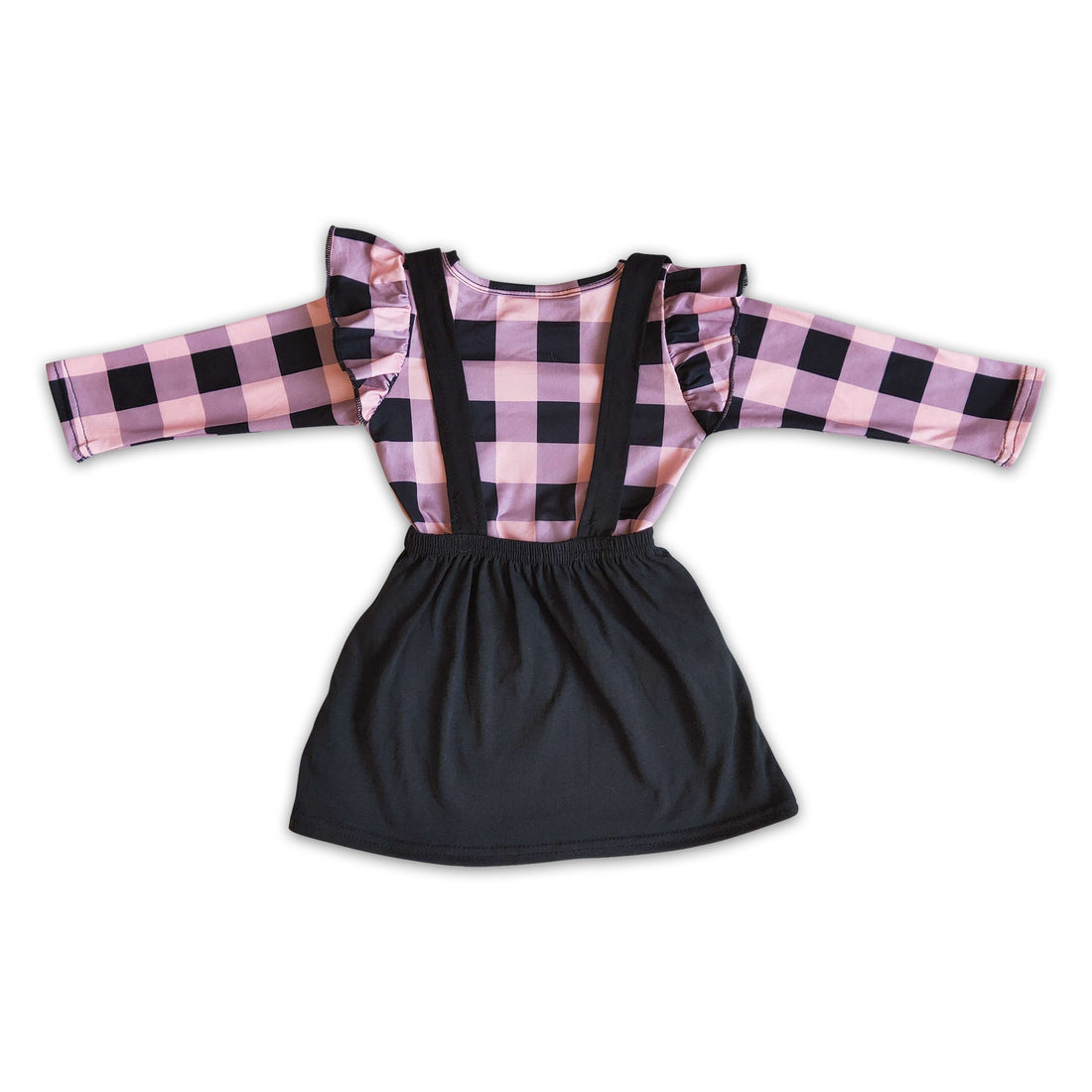 Heart embroidery plaid long sleeve shirt suspender skirt girls valentine&