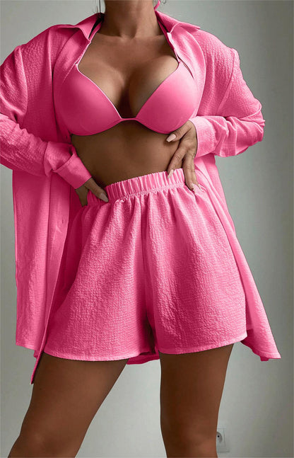 Beach Cover Up Solid Color Long Sleeved Shirt Two Piece Set Hawaiian Seaside Vacation Swimsuit Blouse