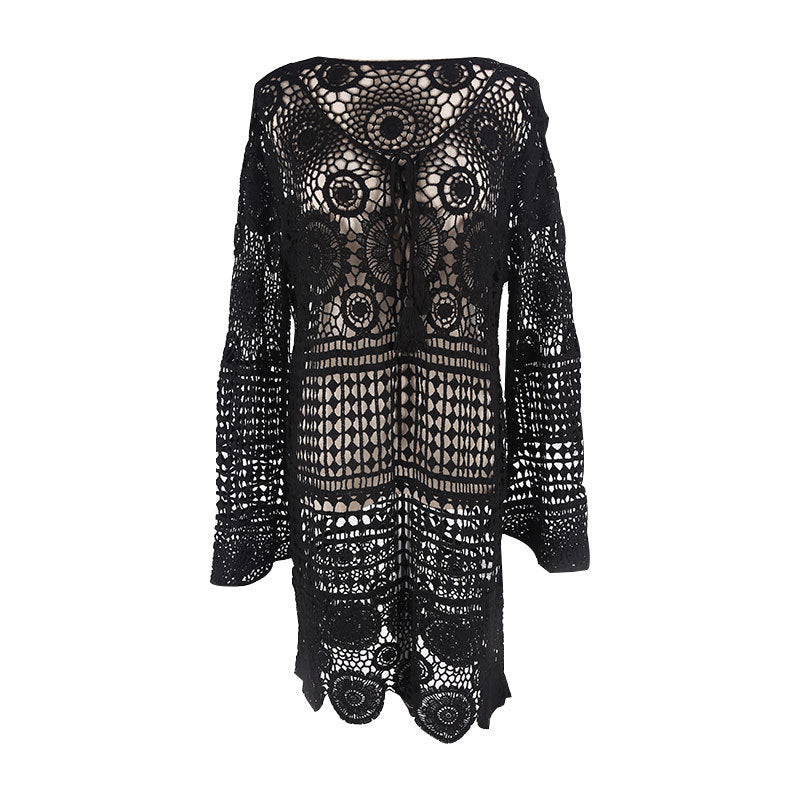 Bell Sleeve Water Soluble Hollow Out Cutout Loose Beach Cover Up Sun Proof Vacation Beach Dress Women Swimsuit Outer Wear