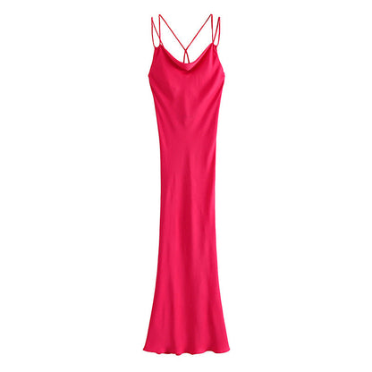 Autumn Sexy Red Silk Satin Texture Strap Dress