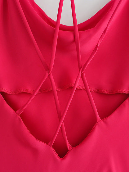 Autumn Sexy Red Silk Satin Texture Strap Dress