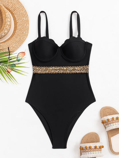 Swimsuit Women Sexy Siamese Push Up Sling Solid Color Swimsuit