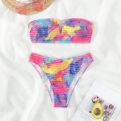 Bikini Swimsuit Tube Top High Waist Smocking Bikini Swimsuit for Women