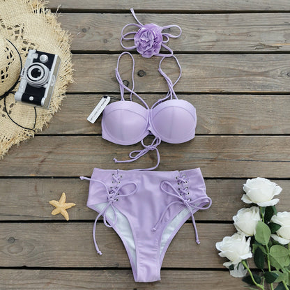 Solid Color Lace up Tube Top High Waist Bikini Skirt Three Piece Set Split Swimsuit for Women