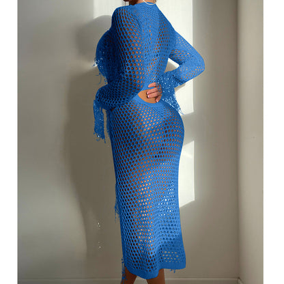 Hollow Out Cutout Knitted Sequin Tassel round Neck Cropped Outfit Long Sleeve Vacation Dress Swimsuit Blouse Sun Protection Clothing Dress Crochet hook