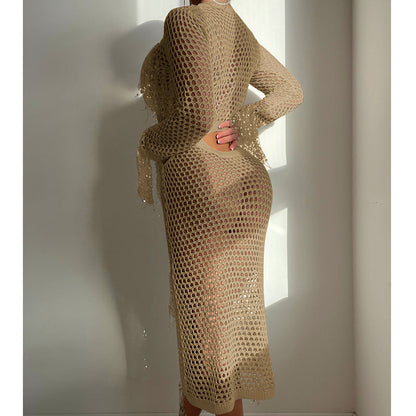Hollow Out Cutout Knitted Sequin Tassel round Neck Cropped Outfit Long Sleeve Vacation Dress Swimsuit Blouse Sun Protection Clothing Dress Crochet hook