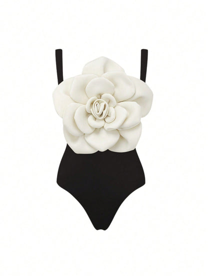 Bikinx Contrast Color Flower Decor Sexy One Piece Swimsuit And Skirt Cover Up